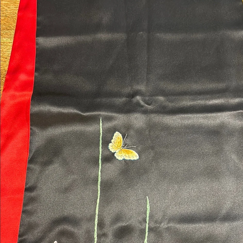 Black Silk Scarf with Embroidered Butterflies and Red Backing. 12” x 64”
